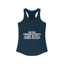 Load image into Gallery viewer, Never Underestimate A Girl With A Tennis Racket Tank top front view blue
