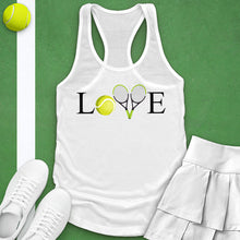 Load image into Gallery viewer, Women’s Love Tennis Racerback Tank Top – Crossed Racket Design
